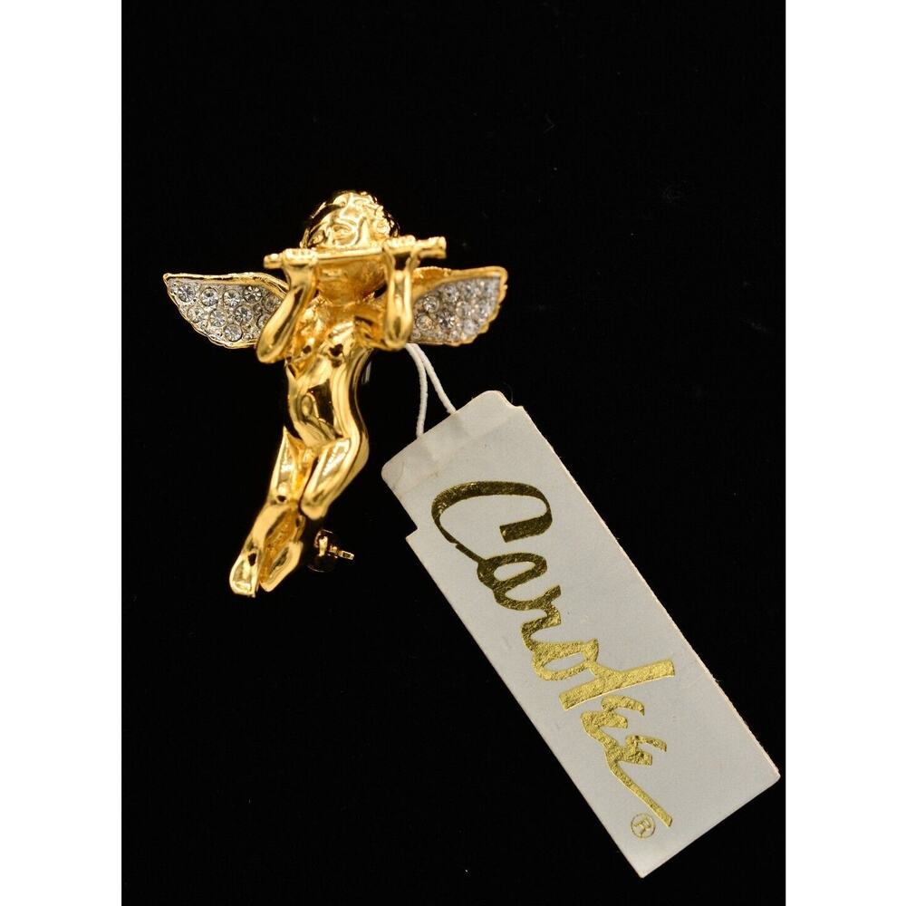Carolee Vintage Angel Pin Brooch Flute Cherub Gold Rhinestone Crystal NOS BinAJ